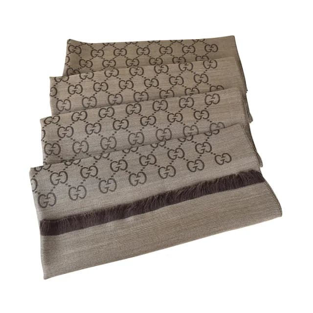 【GUCCI 古馳】GUCCI 雙G LOGO緹花羊毛圍巾(深褐)