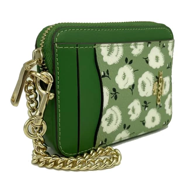 【COACH】花卉名片卡夾鏈帶零錢包(綠)