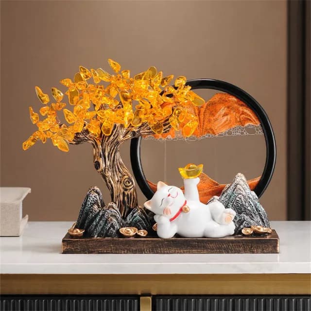 【超微米】發財樹 招財進寶擺飾 招財貓流沙畫 擺設 辦公室擺件 喬遷裝飾品 開業大吉禮品(發財樹招財貓擺飾)