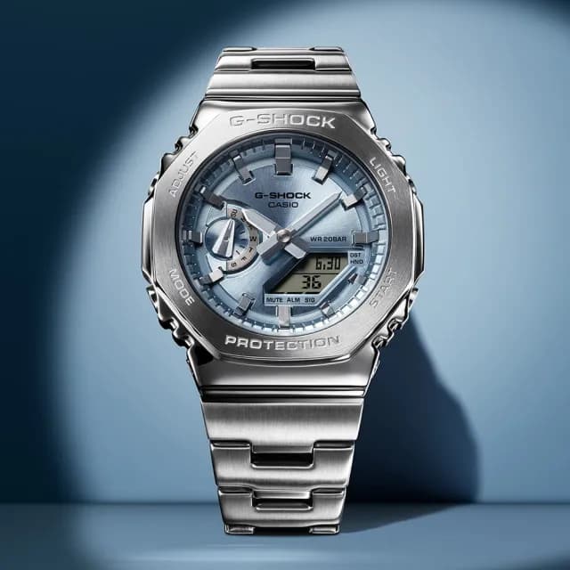 【CASIO 卡西歐】G-SHOCK 全金屬八角防護構造雙顯錶 禮物(GM-2110D-2A)