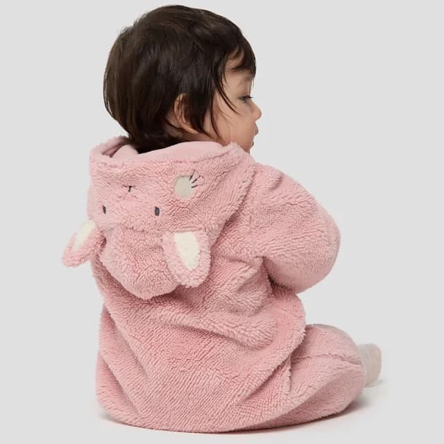 【GAP】嬰兒裝 Logo刺繡動物造型連帽長袖包屁衣/連身衣-粉色(805377)