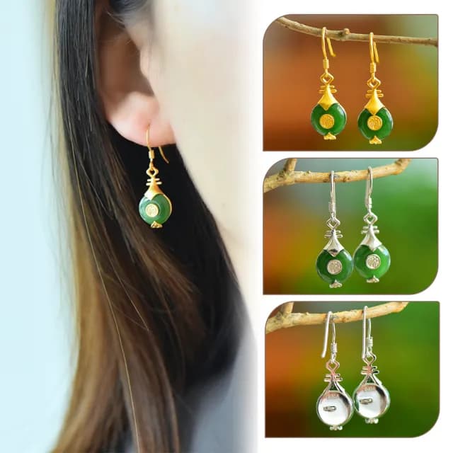 【MoonDy】碧玉耳飾 和田玉耳環 漢服配飾 福字耳墜 玉石飾品 純銀耳鈎 女生銀飾 琵琶耳環