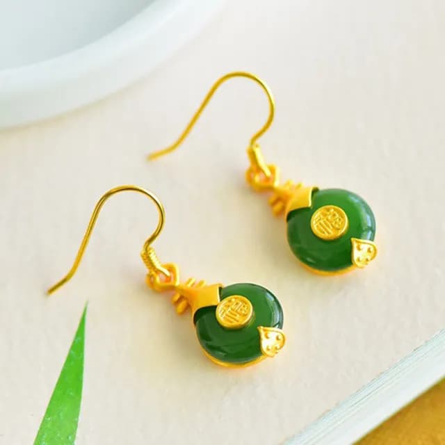 【MoonDy】碧玉耳飾 和田玉耳環 漢服配飾 福字耳墜 玉石飾品 純銀耳鈎 女生銀飾 琵琶耳環