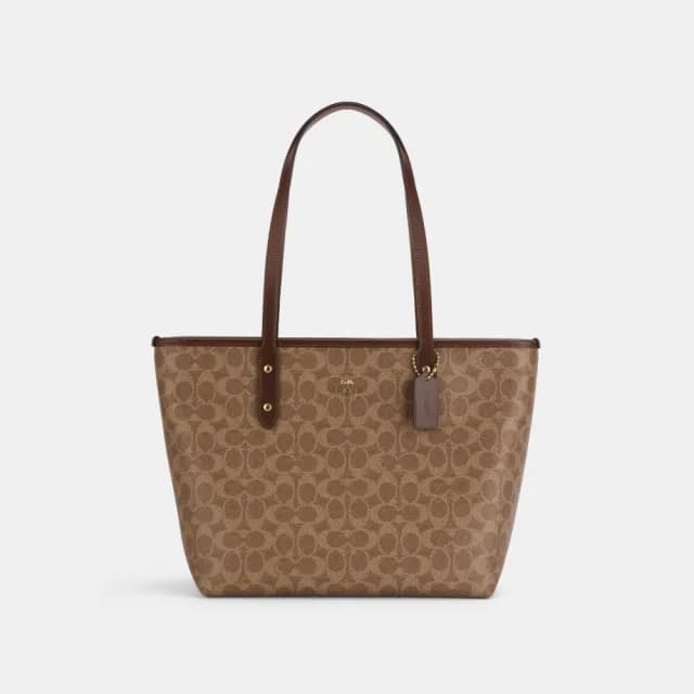 【COACH】蔻馳官方直營 CITY 經典 SIGNATURE 拉鍊托特手袋 托特包-IM/棕黃色/棕色(CCQ28)
