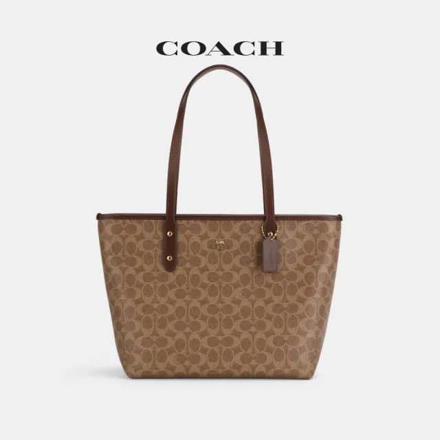 【COACH】蔻馳官方直營 CITY 經典 SIGNATURE 拉鍊托特手袋 托特包-IM/棕黃色/棕色(CCQ28)