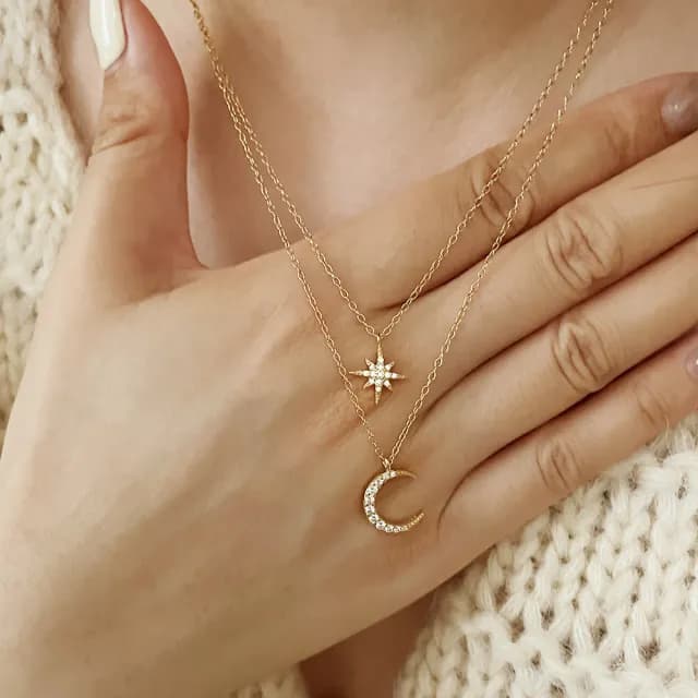 【CReAM】Florence 925純銀雙層月亮星星八角星銀色金色女項鍊項鏈(生日 禮物 送禮 禮盒)