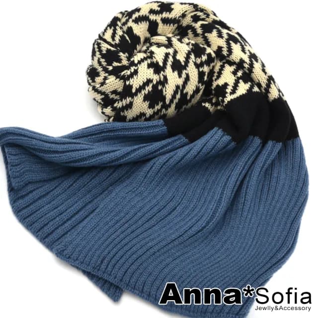 【AnnaSofia】毛線織大披肩圍巾-千鳥紋拼色直條織 現貨(藍黑系)