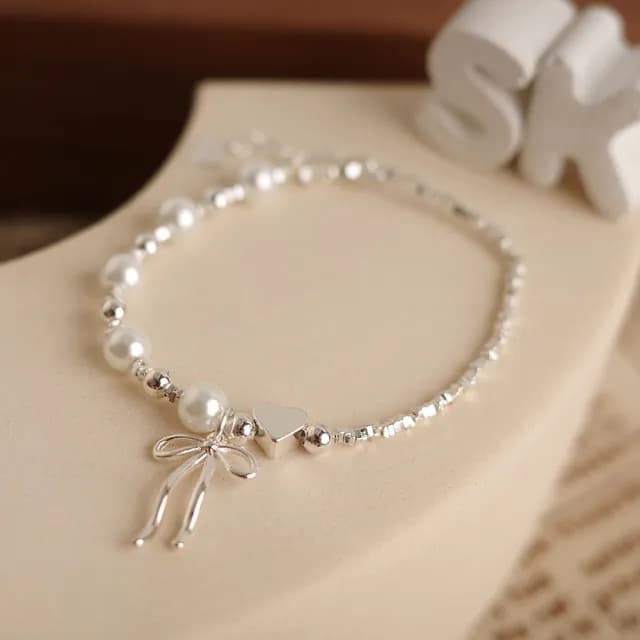 【UME.Acce】雙11 珍珠蝴蝶結愛心手鍊(珍珠手鍊 蝴蝶結手鍊 愛心手鍊 碎銀手鍊 浪漫飾品)