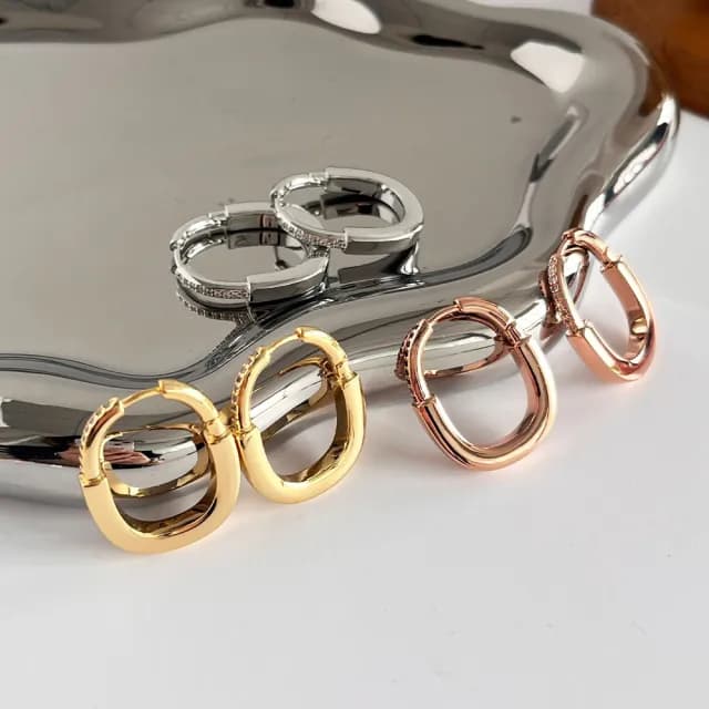 【MoonDy】雙11 環狀耳環 鋯石耳環 鎖頭耳扣 素色耳圈 橢圓耳飾 女生飾品 配飾 金屬耳環