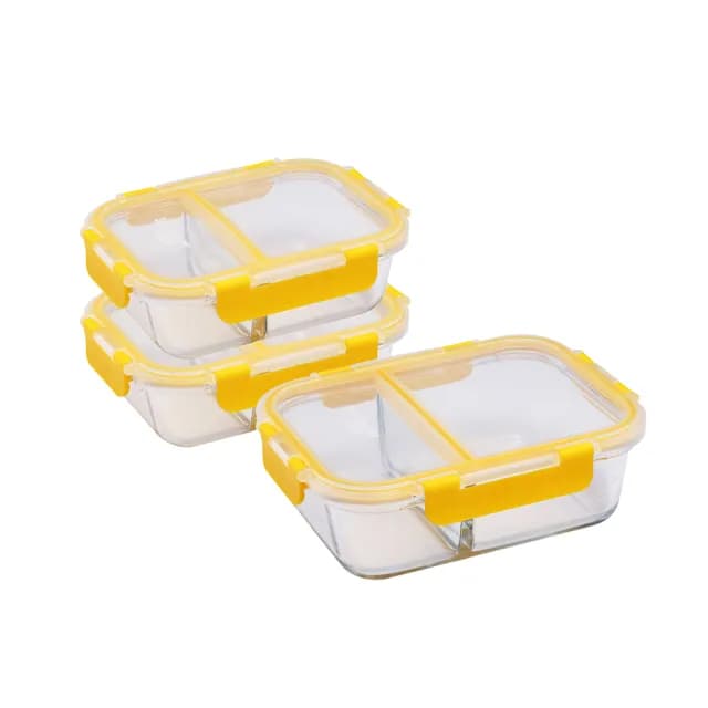 【CorelleBrands 康寧餐具】MOMO獨家限定黃 分隔玻璃保鮮盒超值3入組(620ML+1050ML)