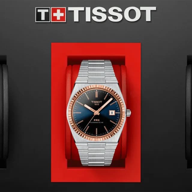 【TISSOT 天梭】PRX系列 18K金 70年代復刻機械錶 禮物 送禮 推薦(T9314074104100)
