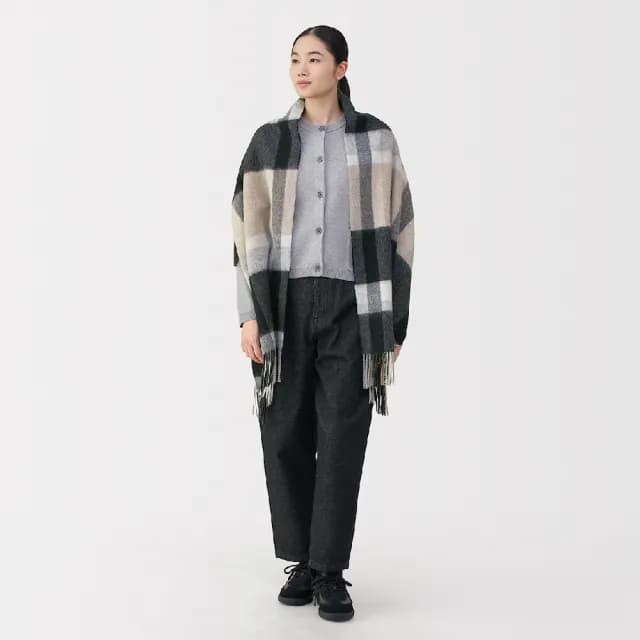 【MUJI 無印良品】蓬鬆羊毛大披肩(墨灰格紋/摩卡棕格紋/柔白格紋/黑格紋)