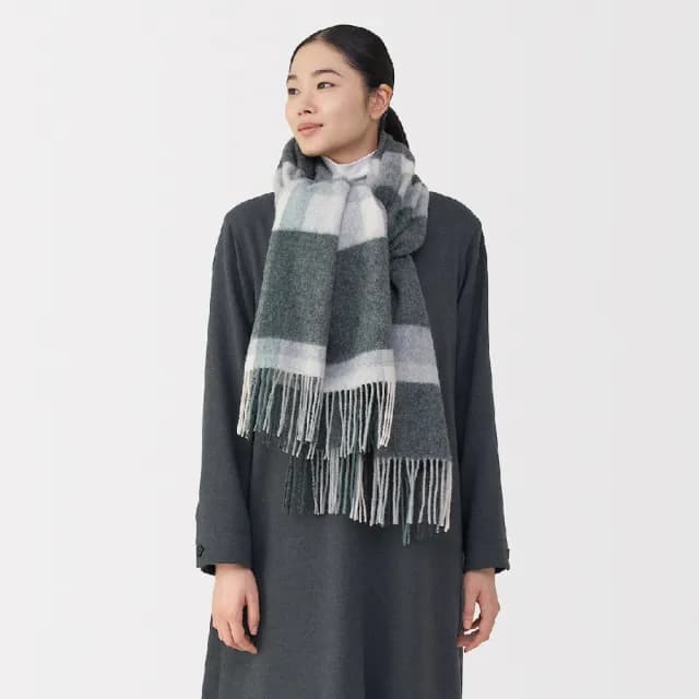 【MUJI 無印良品】蓬鬆羊毛大披肩(墨灰格紋/摩卡棕格紋/柔白格紋/黑格紋)