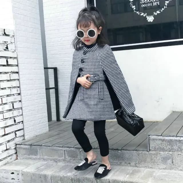 【橘魔法】名媛時尚小格子斗篷披肩(斗篷 披風 外套 兒童 童裝 女童)