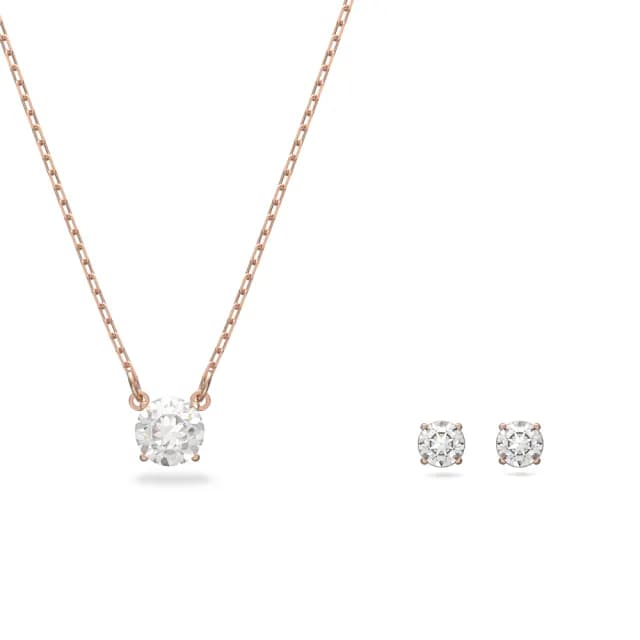 【SWAROVSKI 施華洛世奇】Stilla Attract 套裝 圓形切割 白色 鍍玫瑰金色(情人節禮物)