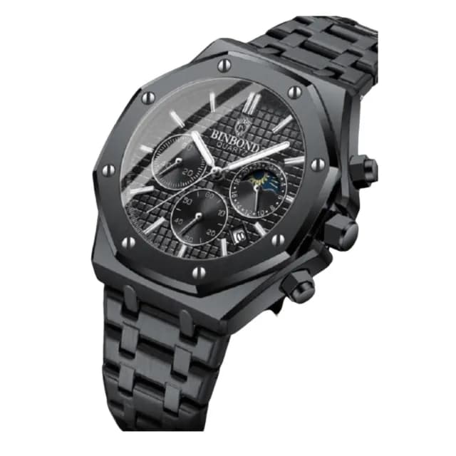 【美國熊】國民男錶 日本石英機芯 真三眼計時 日期顯示  不鏽鋼錶帶 手錶(BIN-05)