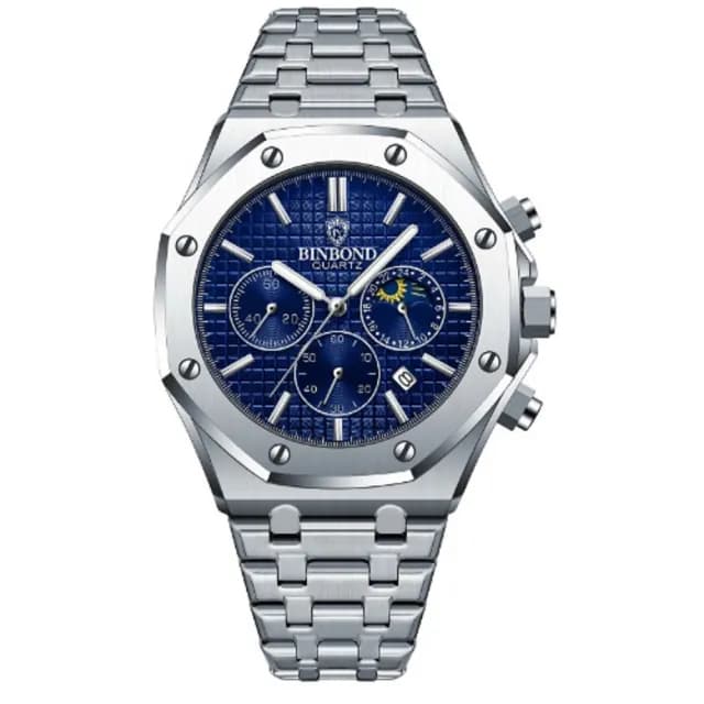 【美國熊】國民男錶 日本石英機芯 真三眼計時 日期顯示  不鏽鋼錶帶 手錶(BIN-05)