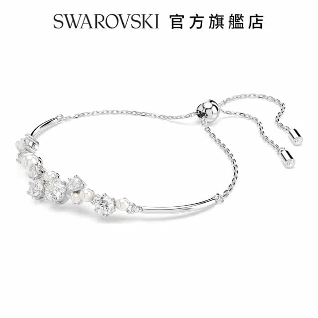 【SWAROVSKI 施華洛世奇】Constella 手鐲水晶珍珠圓形切割 白色 鍍白金色