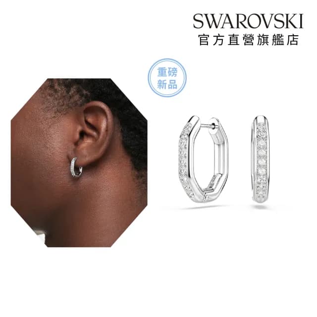 【SWAROVSKI 施華洛世奇】Dextera 大圈耳環 八邊形 圓形切割 白色 鍍白金色(情人節禮物)