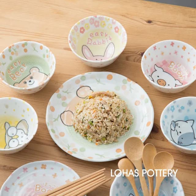 【LohasPottery 陸寶】日本製 美濃燒 動物卡通釉下彩壓紋餐具｜4.6 吋飯碗 五入組(兒童碗 點心碗)
