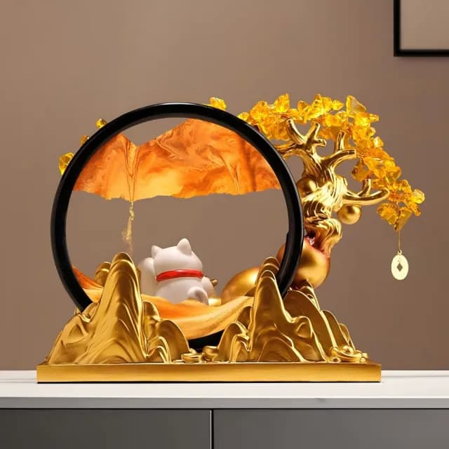 【預購】發財樹招財貓流沙畫擺件 開業禮物喬遷裝飾品(7寸白框金禮盒裝)