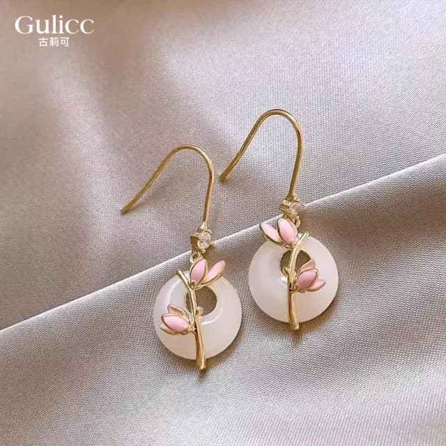 【Gulicc】中式 平安扣滴釉花朵 耳墜(雙十 萬聖節 生日 飾品 耳釘 耳飾 耳墜 禮物)