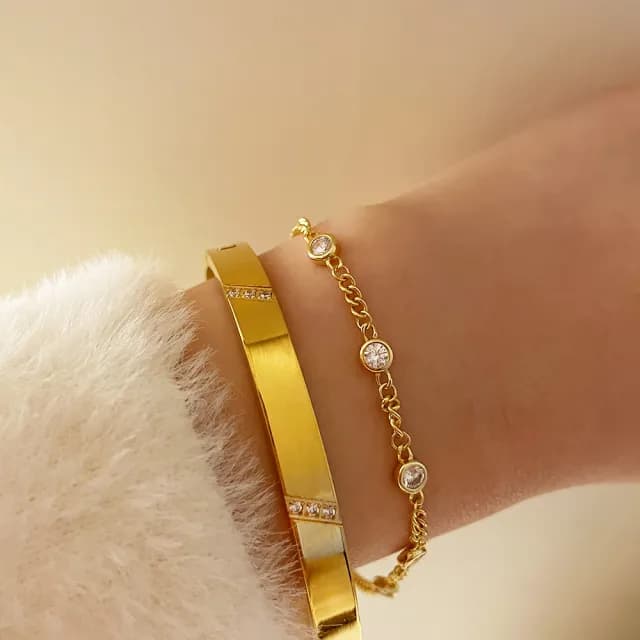 【CReAM】Tracey 簡約斜紋亮鑽水鑽金色女手環手鐲(生日 禮物 送禮 禮盒)