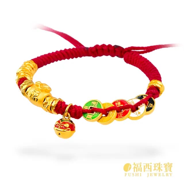 【福西珠寶】雙11黃金盤纏手鍊 吞金獸金盤纏鏨刻編繩黃金手鏈 本命年紅繩(金重0.85錢正負0.03錢)
