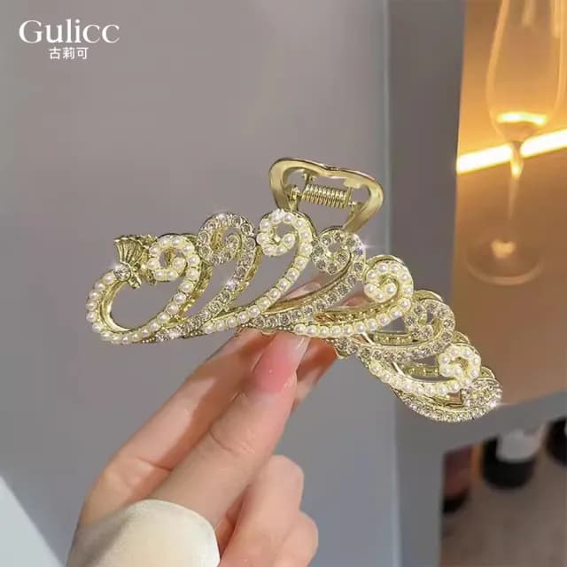 【Gulicc】金色孔雀 珍珠鑲鑽 大抓夾(雙十 萬聖節 生日 髮飾 頭飾 鯊魚夾 抓夾 禮物)