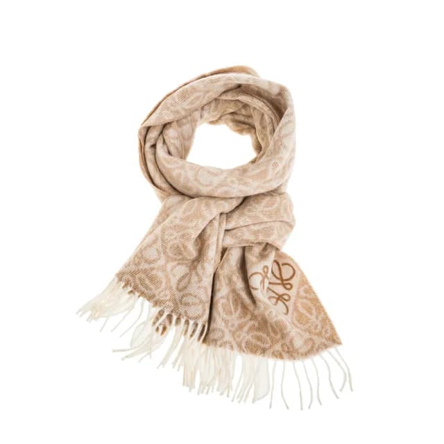 【LOEWE 羅威】新款雙色立體簇絨Anagram 圖案羊毛喀什米爾圍巾(米色)