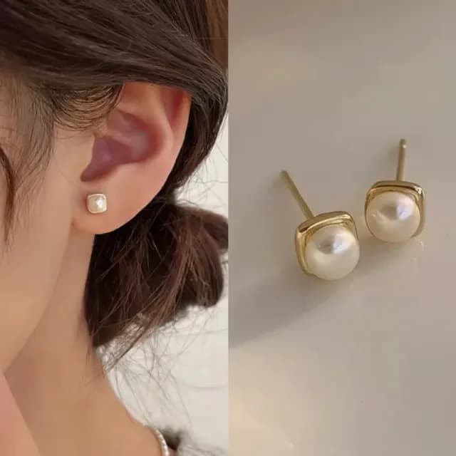 【A&R】S999純銀韓系氣質淡水珍珠方形耳針款耳環 兩色任選(附矽膠耳扣 抗過敏 養耳洞 生日 情人節 禮物)