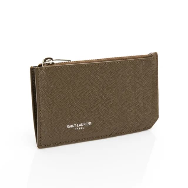 【YSL】細粒 皮革 卡夾 零錢包(銀拉鍊/暗象灰色)