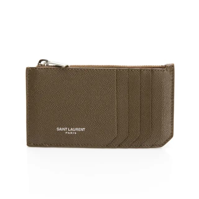【YSL】細粒 皮革 卡夾 零錢包(銀拉鍊/暗象灰色)