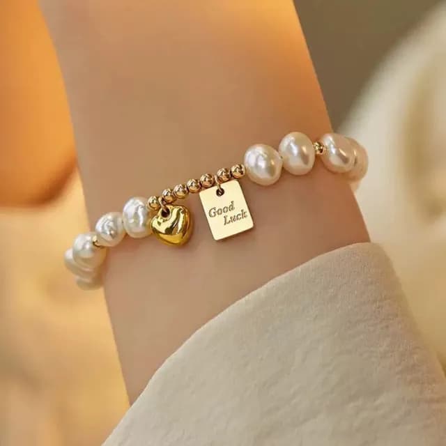 【SUMMER 一夏】雙11 法式巴洛克不規則珍珠幸運方牌愛心吊墜精緻輕奢手鍊(法式巴洛克風)