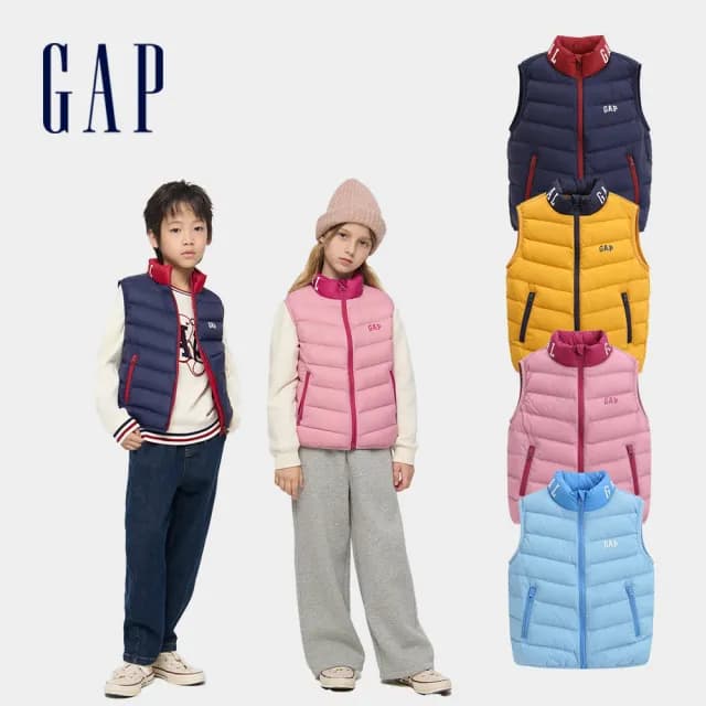 【GAP】男女童裝 Logo印花立領羽絨背心外套-多款任選(805263&805337)