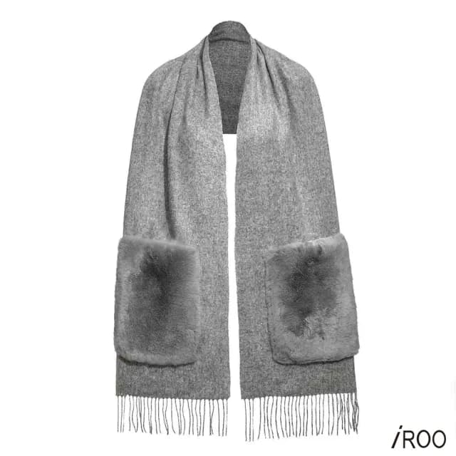 【iROO】100%羊毛拼接口袋圍巾