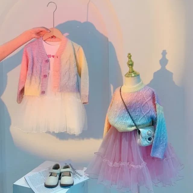 【橘魔法】夢幻彩色漸層麻花針織毛衣(針織 外套 上衣 大童 女童 開衫 開襟外套 童裝 兒童 毛衣)