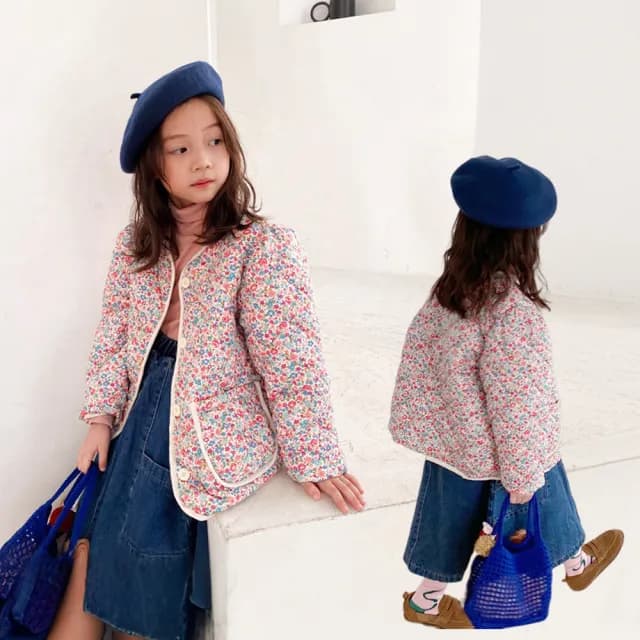 【橘魔法】雙11 小碎花蓬袖鋪棉長袖外套(開衫外套  鋪棉外套 棉衣 厚外套 中童 兒童 童裝 女童)