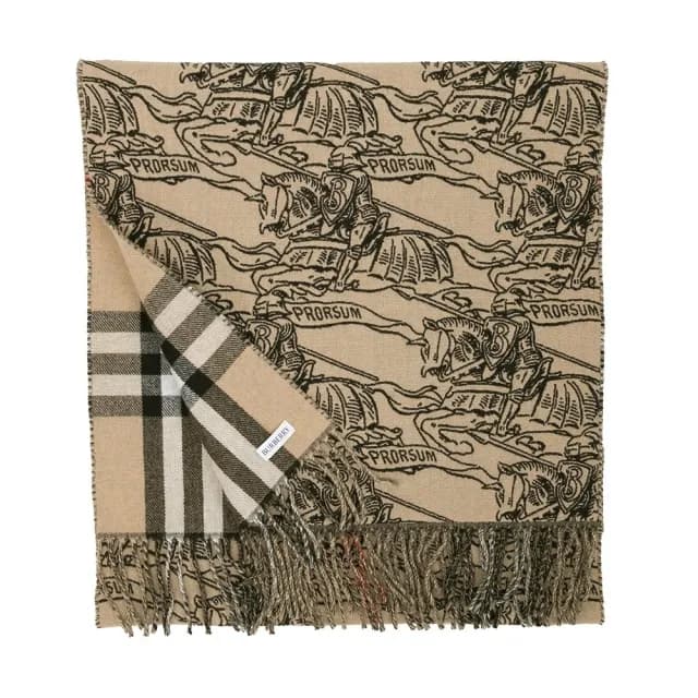 【BURBERRY 巴寶莉】雙面兩用騎士標/格紋羊毛流蘇圍巾(米色)
