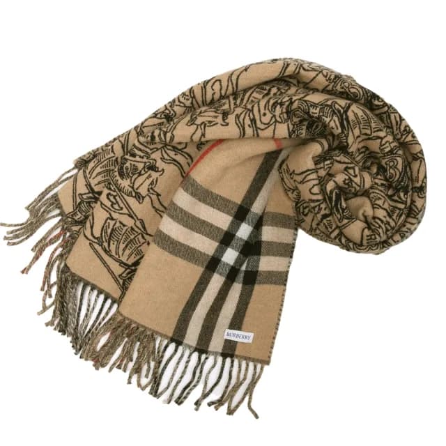 【BURBERRY 巴寶莉】雙面兩用騎士標/格紋羊毛流蘇圍巾(米色)