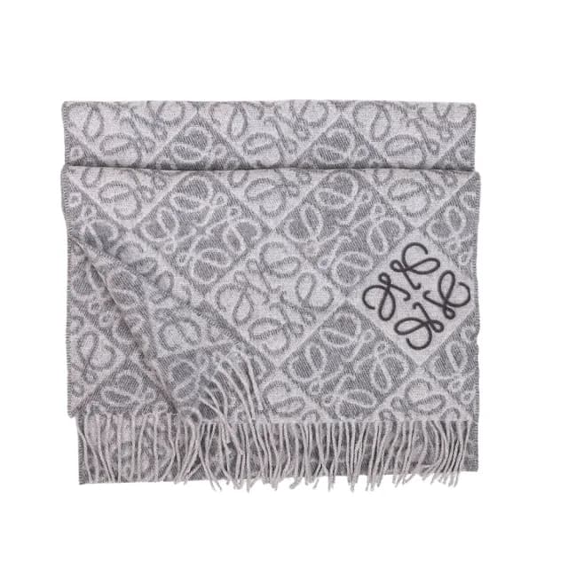 【LOEWE 羅威】Anagram羊毛喀什米爾混紡LOGO植絨圍巾(多色任選)