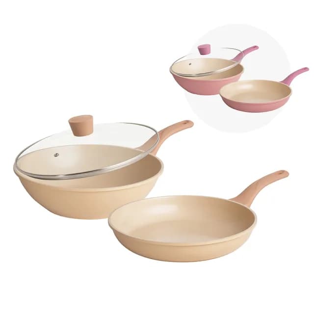 【Queen Chef】CREAM 韓國厚釜鑄造米陶瓷不沾鍋雙鍋3件組(炒鍋+平底鍋+蓋 交換禮物)