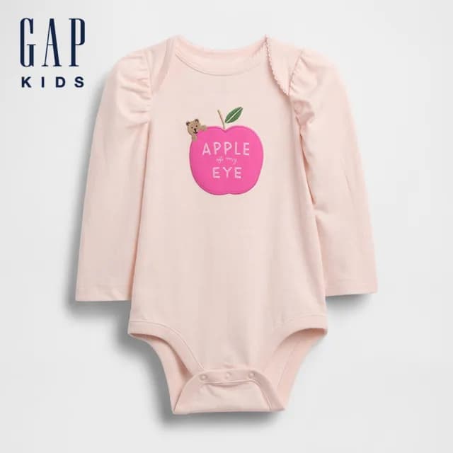 【GAP】嬰兒裝 小熊刺繡/印花圓領長袖包屁衣-多色任選(816516)