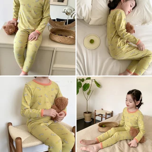 【橘魔法】滾邊滿印磨毛居家服套裝(長袖 長褲 睡衣 男童 女童 大童 兒童 童裝 內搭衣 上衣  衛生衣 保暖)