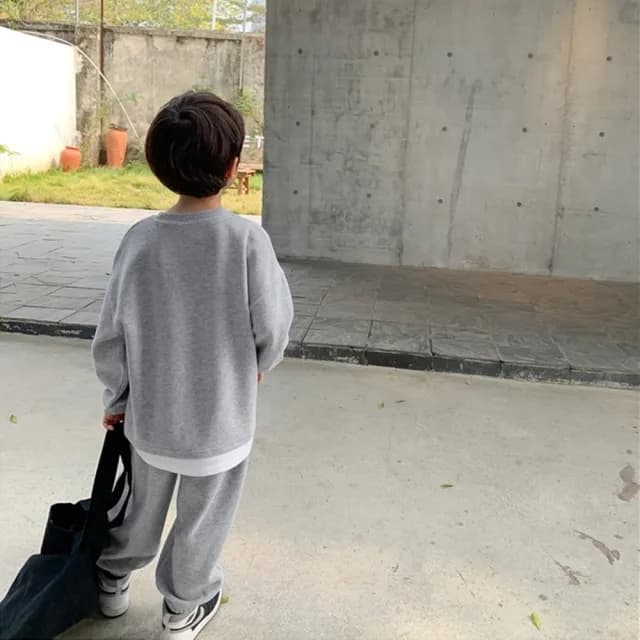 【橘魔法】假兩件細針織長袖套裝(長袖上衣 褲子 長褲 大童 男童 女童 兒童 童裝)