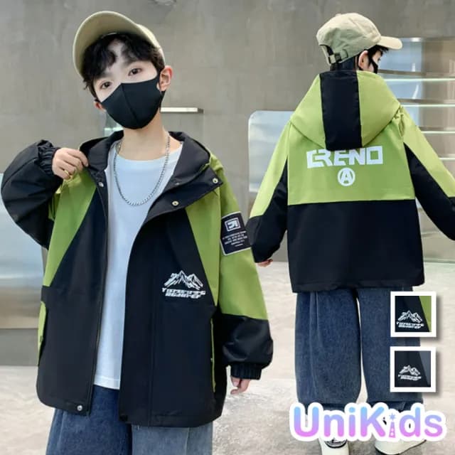 【UniKids】秋中大童裝長袖連帽外套 撞色衝鋒衣夾克  男大童裝 VP9918(綠 黑)