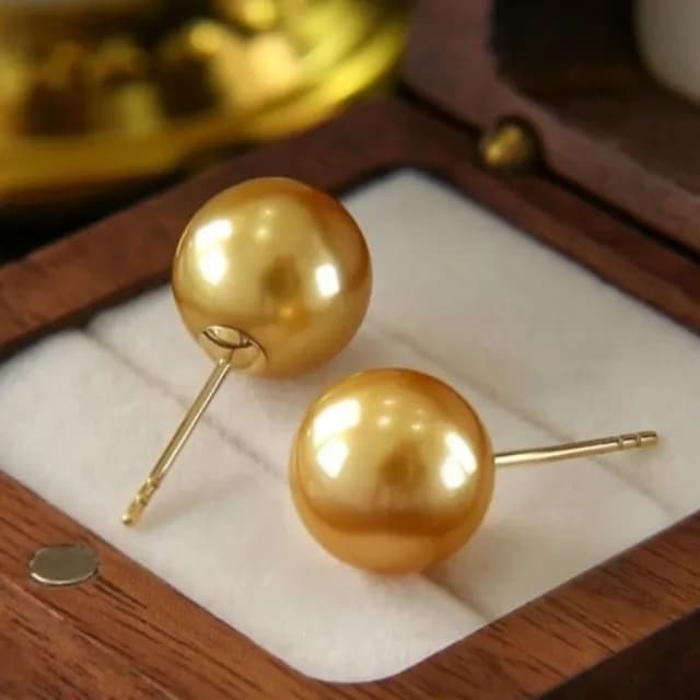 【La Corser】9-10mm 南洋金珠 耳釘 天然海水珍珠 18K金 耳飾 正圓強光 濃金色珍珠