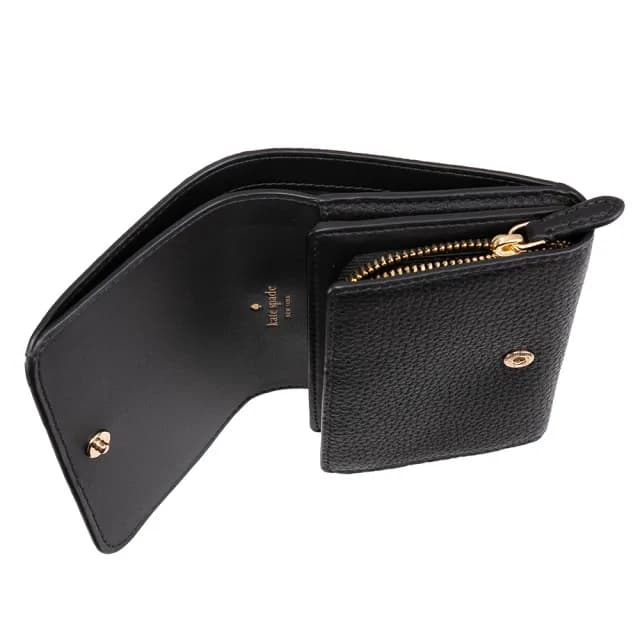 【KATE SPADE】KAYLA荔枝皮紋對釦式拉鍊零錢包短夾(黑色)