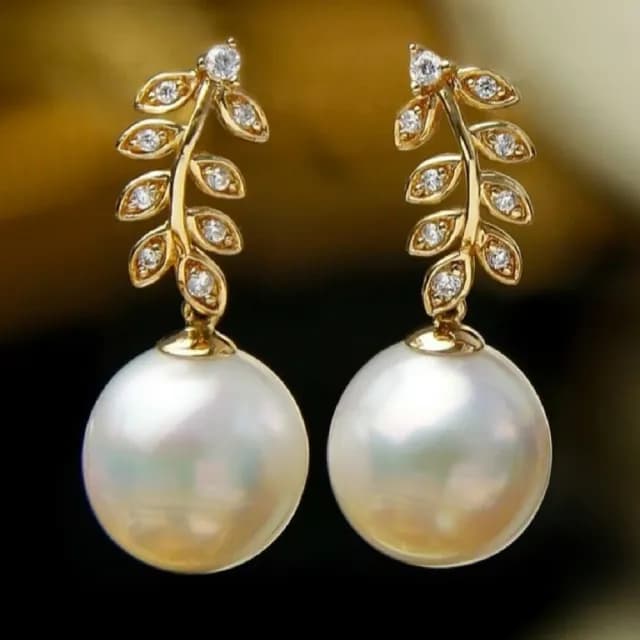 【La Corser】14K金 黃落葉設計 12-13mm 南洋白珍珠 耳釘 鑽石耳飾 優雅氣質 精緻百搭 強光珍珠