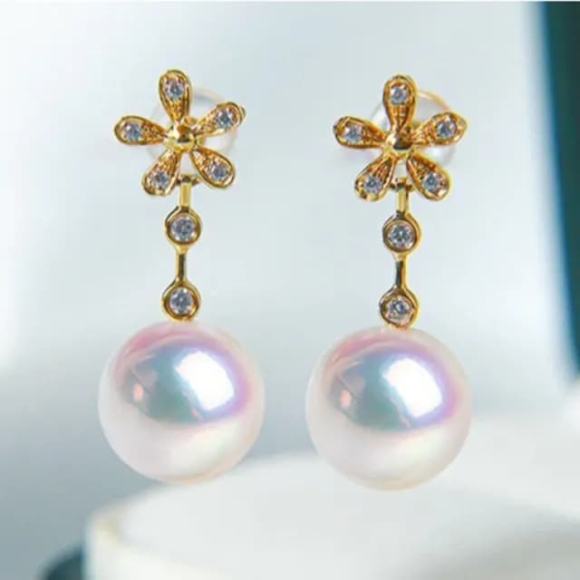【La Corser】9-9.5mm 日本 Akoya 天然海水珍珠 耳環 耳釘 18K金 耳飾 花朵 耳墜 正圓珍珠